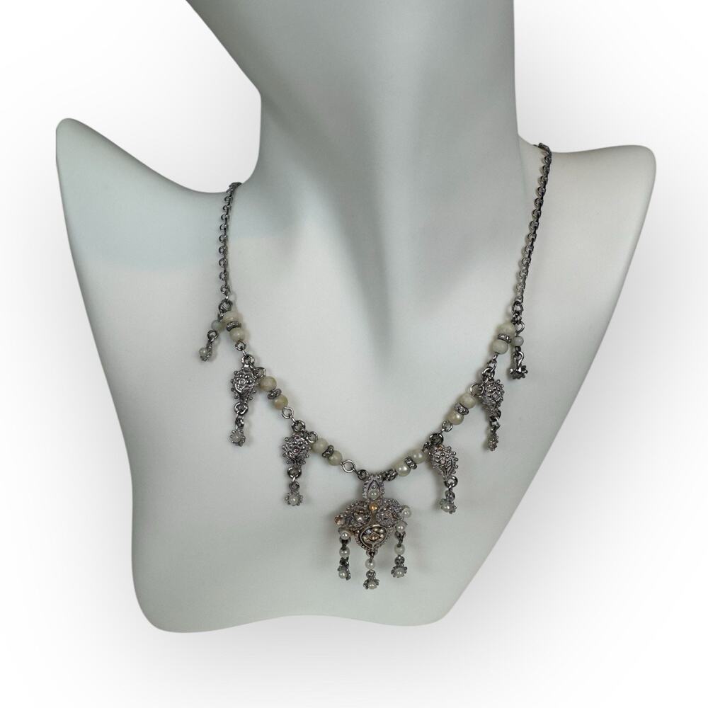 Dark Academia Regency Vintage 925 Sterling Silver‎ Filigree Dangle Bib Necklace - Picture 2 of 7